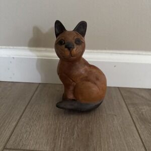 Vintage MCM Wood‎ Sitting Cat Black Ears Tail Paws Green Eyes 6" Tall